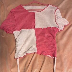 Hot Pink and Light Pink Ribbed Crop Tee with Asymmetrical Design